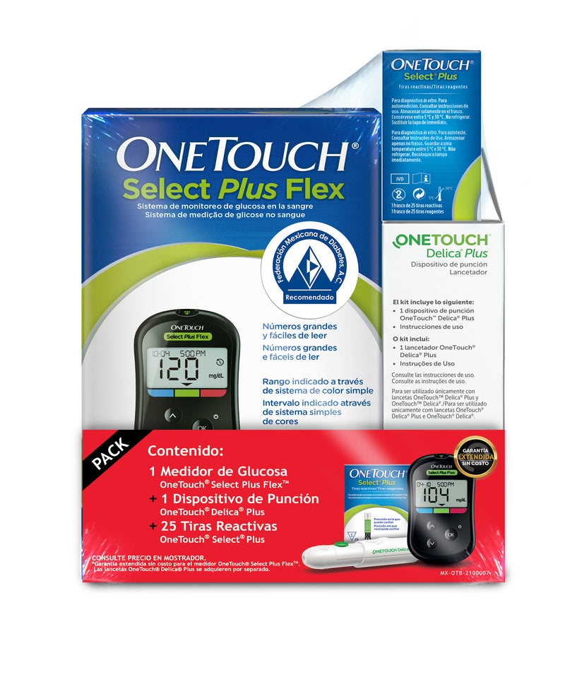 Kit Glucómetro Select Plus Flex  Puncionador Delica Plus y 25 Tiras OneTouch