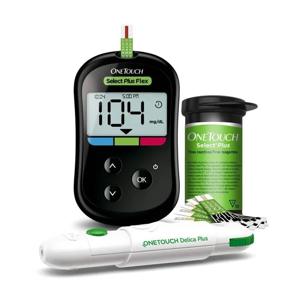Kit Glucómetro Select Plus Flex  Puncionador Delica Plus y 25 Tiras OneTouch