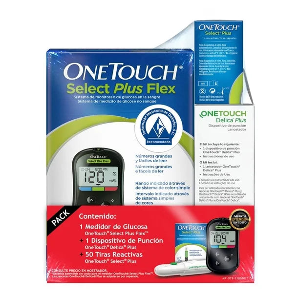 Kit Glucómetro Select Plus Flex  Puncionador Delica Plus y 50 Tiras OneTouch