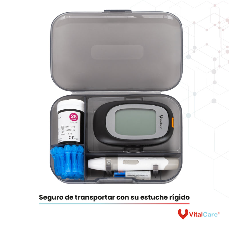Kit Glucómetro con 50 Tiras Reactivas y 100 Lancetas VitalCare 310