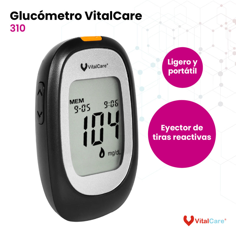 Kit Glucómetro con 50 Tiras Reactivas y 100 Lancetas VitalCare 310