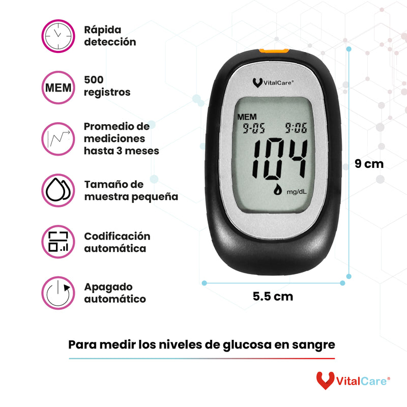 Kit Glucómetro con 50 Tiras Reactivas y 100 Lancetas VitalCare 310
