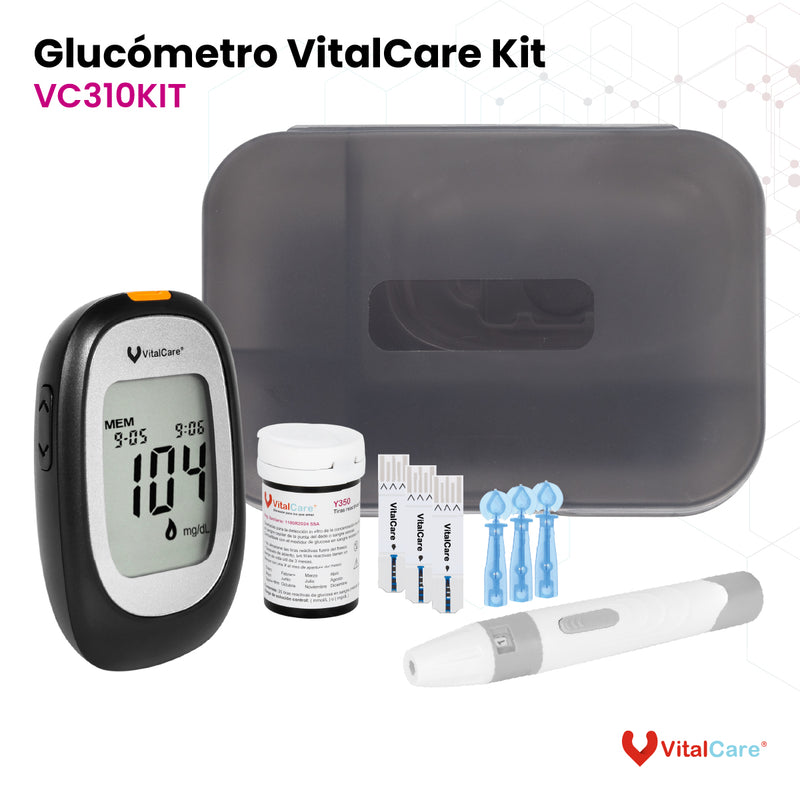 Kit Glucómetro con 50 Tiras Reactivas y 100 Lancetas VitalCare 310