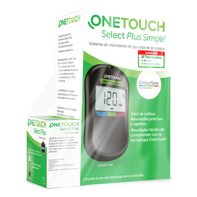 Kit Glucómetro Select Plus Simple  Puncionador, 10 Tiras y 10 Lancetas OneTouch