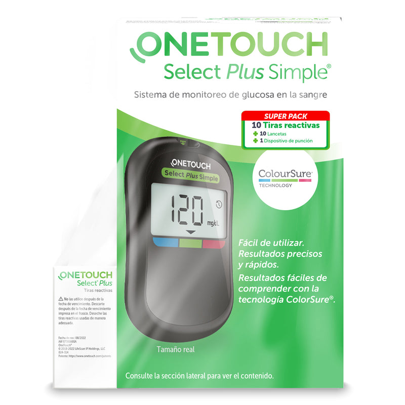 Kit Glucómetro Select Plus Simple  Puncionador, 10 Tiras y 10 Lancetas OneTouch