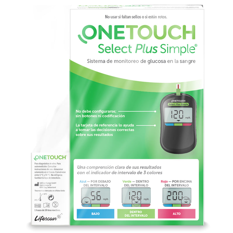 Kit Glucómetro Select Plus Simple  Puncionador, 10 Tiras y 10 Lancetas OneTouch