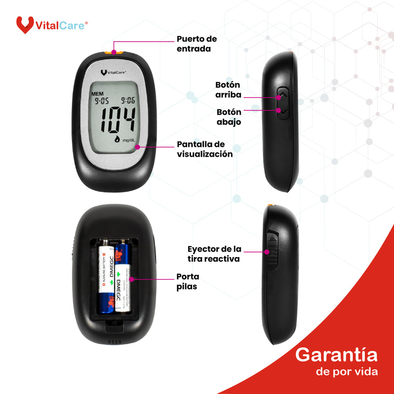 Kit Glucómetro con 50 Tiras Reactivas y 100 Lancetas VitalCare 310