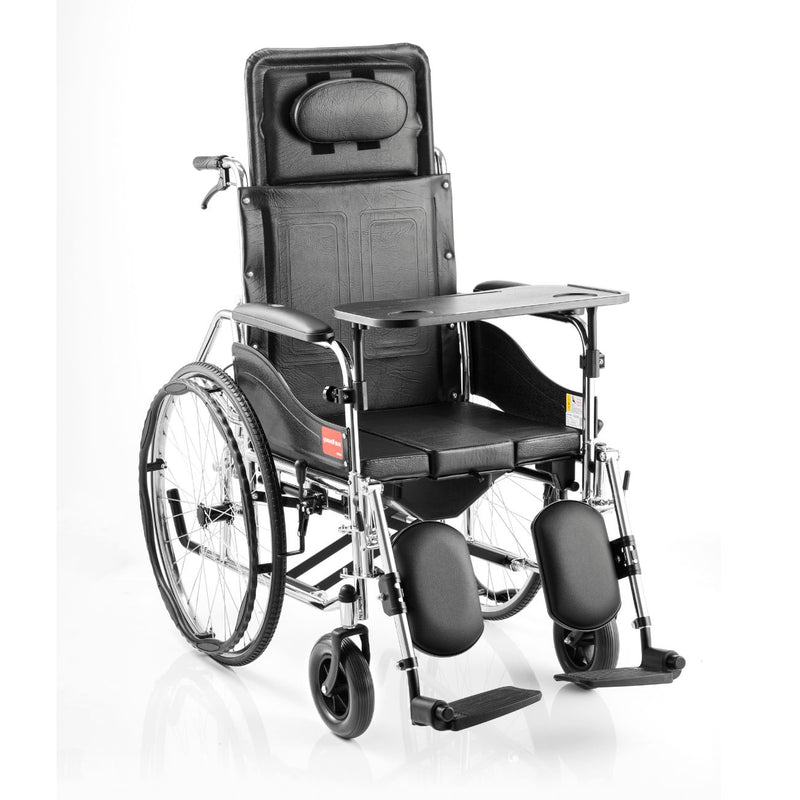 Silla de ruedas con almohada, mesa y cómodo