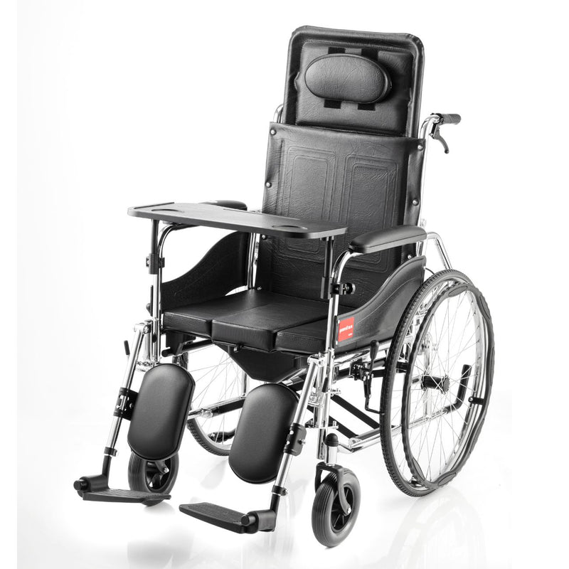 Silla de ruedas con almohada, mesa y cómodo