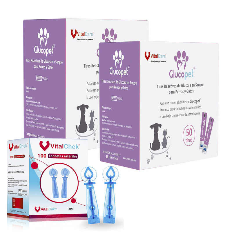 Kit 100 Tiras Reactivas Glucopet  + 100 Lancetas VitalChek
